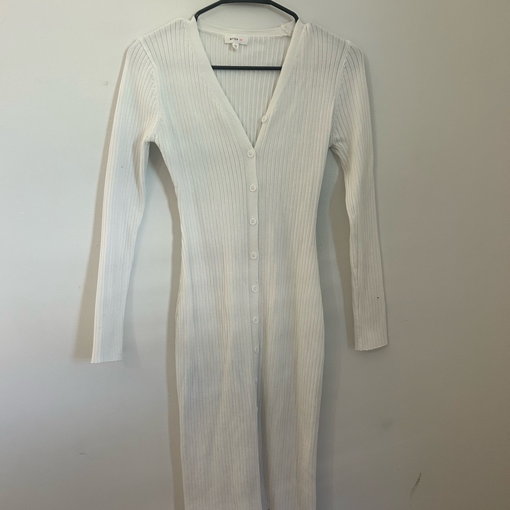 White Ribbed Button-Down Dress